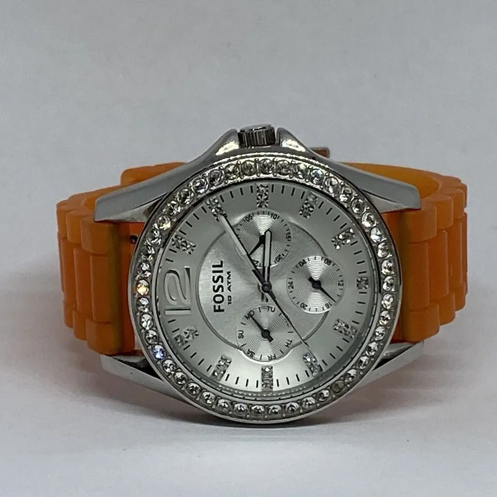 Fossil ES3202 Women Orange Rubber Analog Silver Dial Quartz Genuine Watch HK1018